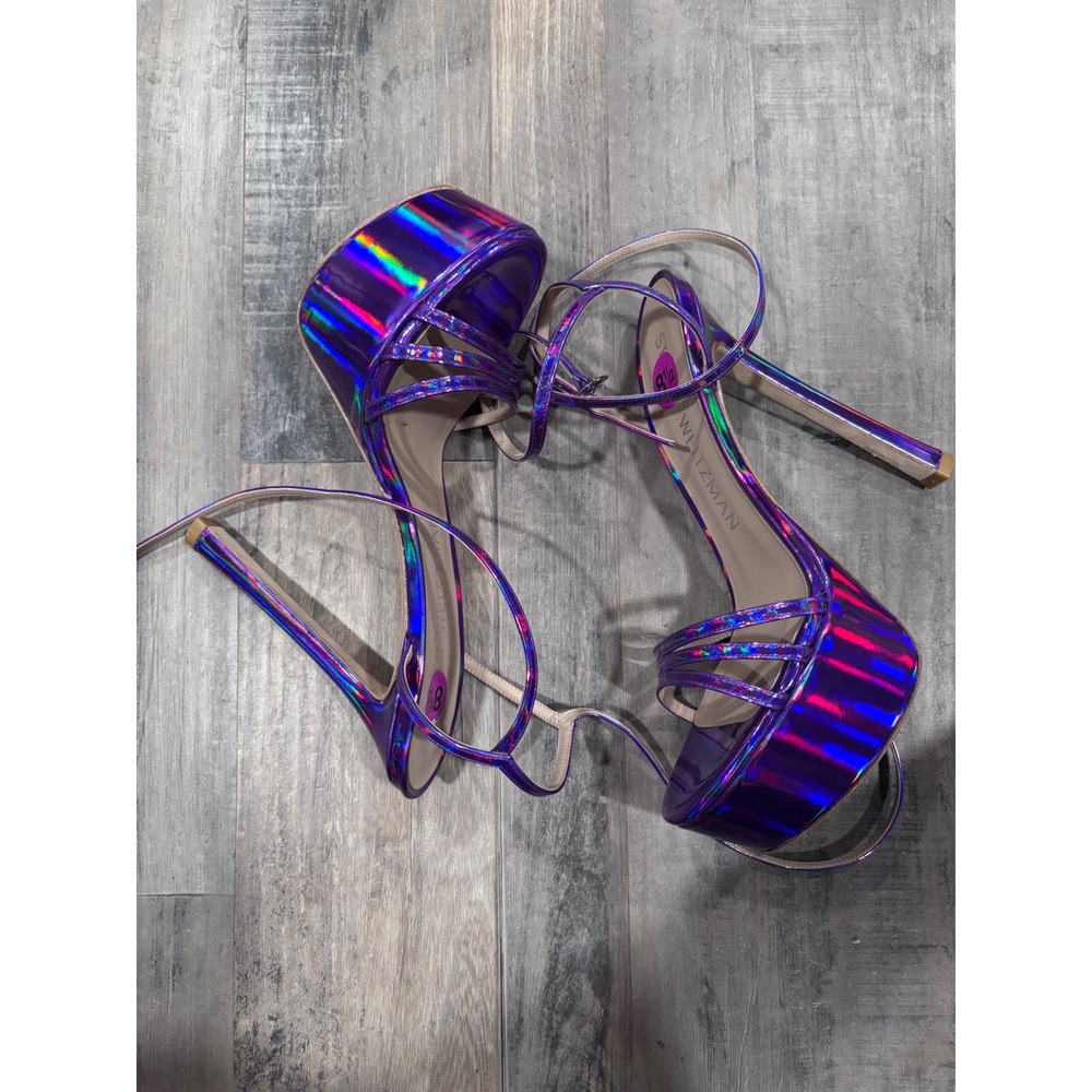 Stuart Weitzman Skyhigh 145 Purple Holographic Strappy Platform Sandal NWOT 8.5 - Picture 7 of 7